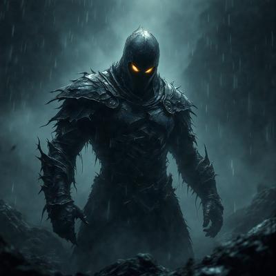 The primary subject of the image is a dark, demonic-looking creature with glowing eyes, standing in a dark, rain-soaked environment. The creature appears to be a monster or a demon, with a menacing presence. The setting is a dark, gloomy area with rain falling, creating a moody atmosphere. The visual style of the image is a digital art or illustration, with the creature's design and the surrounding environment being rendered in a detailed and realistic manner. The colors in the image are pre